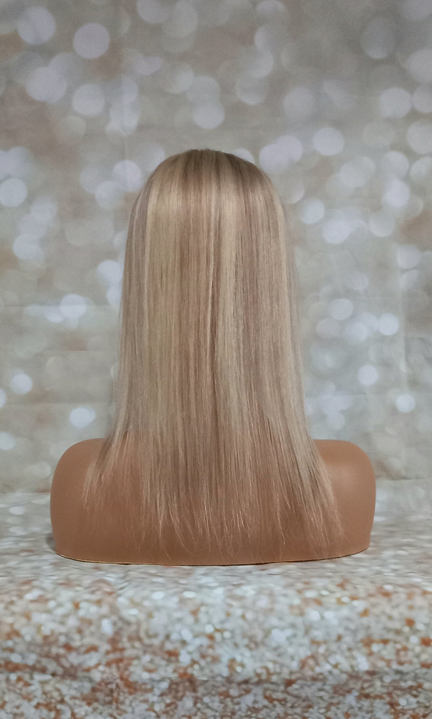 Hayley- silk and lace base human hair topper, ash blonde, light blonde with light ash root, 14 inch length