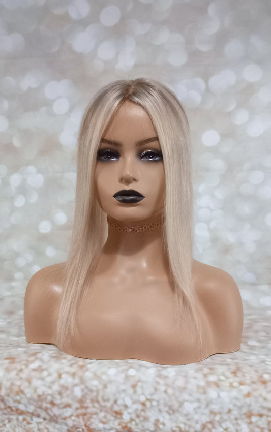 Hayley- silk and lace base human hair topper, ash blonde, light blonde with light ash root, 14 inch length