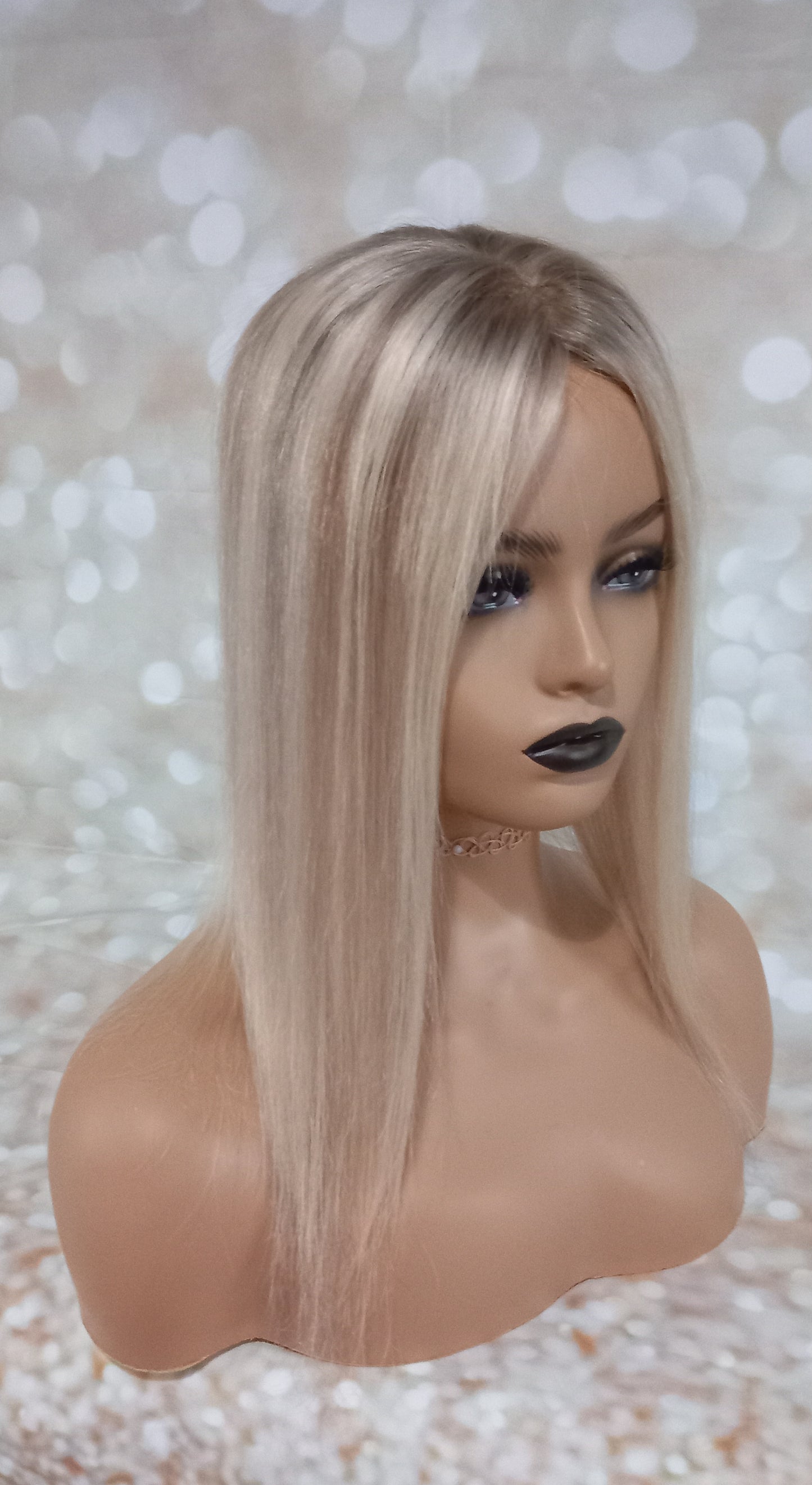 Hayley- silk and lace base human hair topper, ash blonde, light blonde with light ash root, 14 inch length