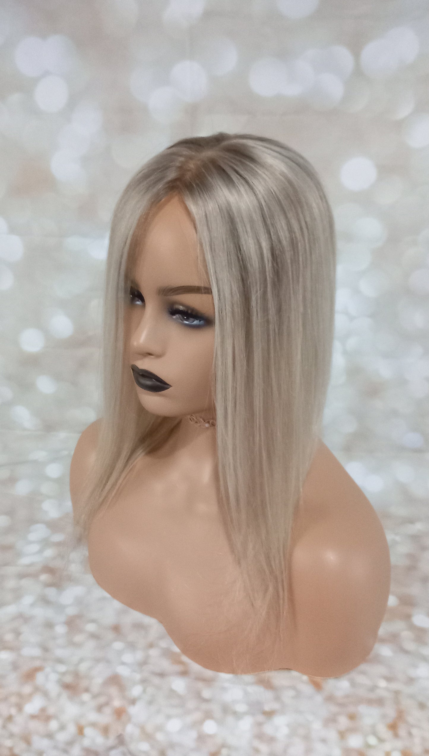 Hayley- silk and lace base human hair topper, light blonde with light ash root and lowlight, 14 inch length