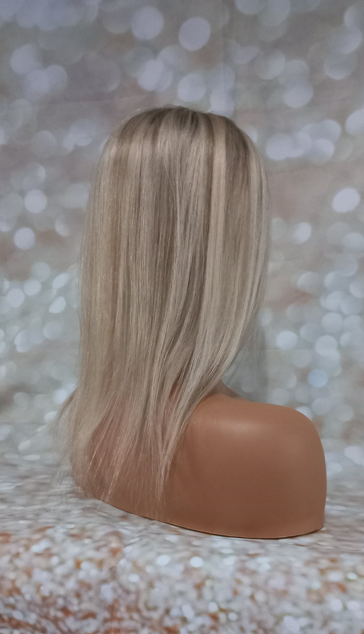 Hayley- silk and lace base human hair topper, light blonde with light ash root and lowlight, 14 inch length