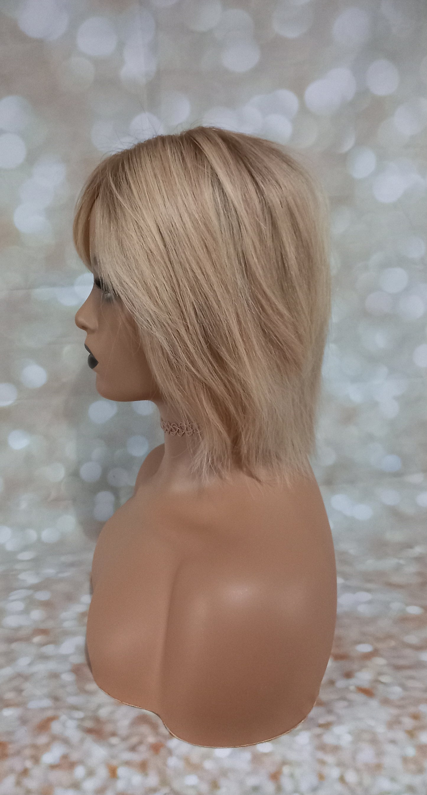 Julie- silk and weft base human hair topper, honey blonde/ strawberry blonde with light auburn root, 6 inch length