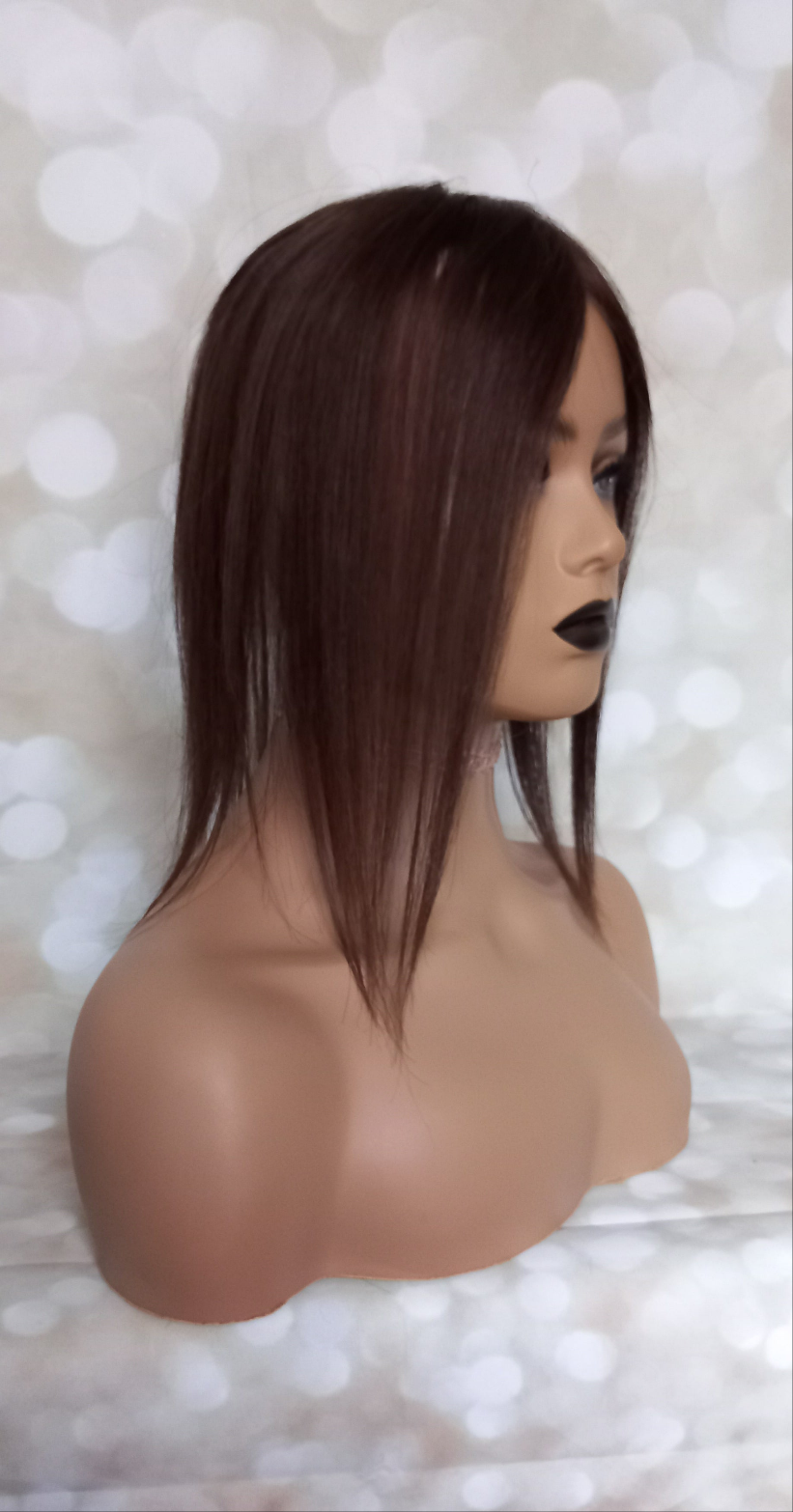 Bella- lace and weft base human hair topper, dark chocolate, 12 inch length