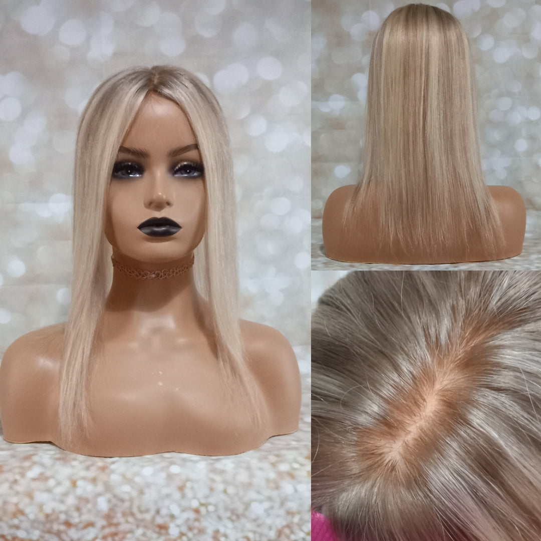 Hayley- silk and lace base human hair topper, ash blonde, light blonde with light ash root, 14 inch length