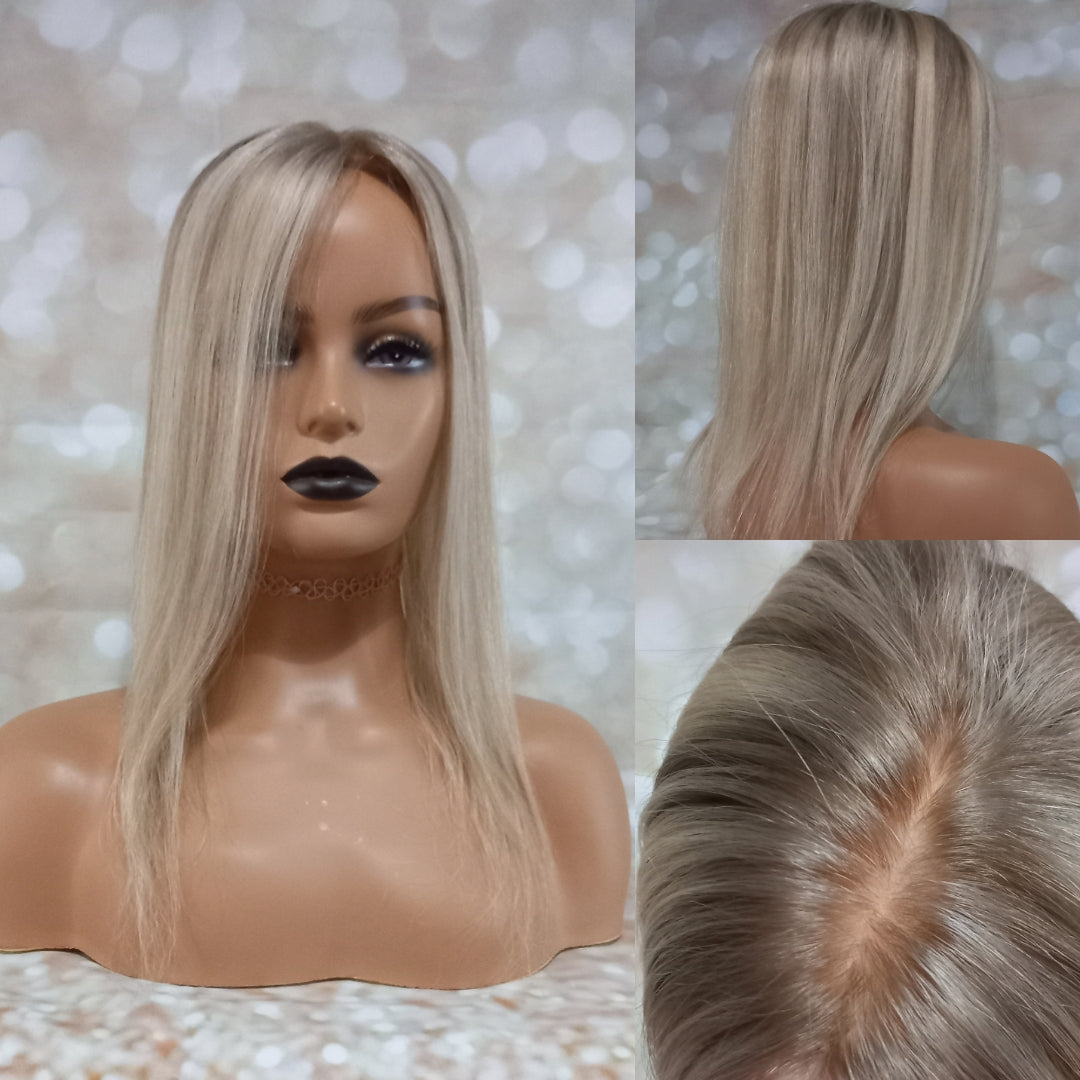 Hayley- silk and lace base human hair topper, light blonde with light ash root and lowlight, 14 inch length