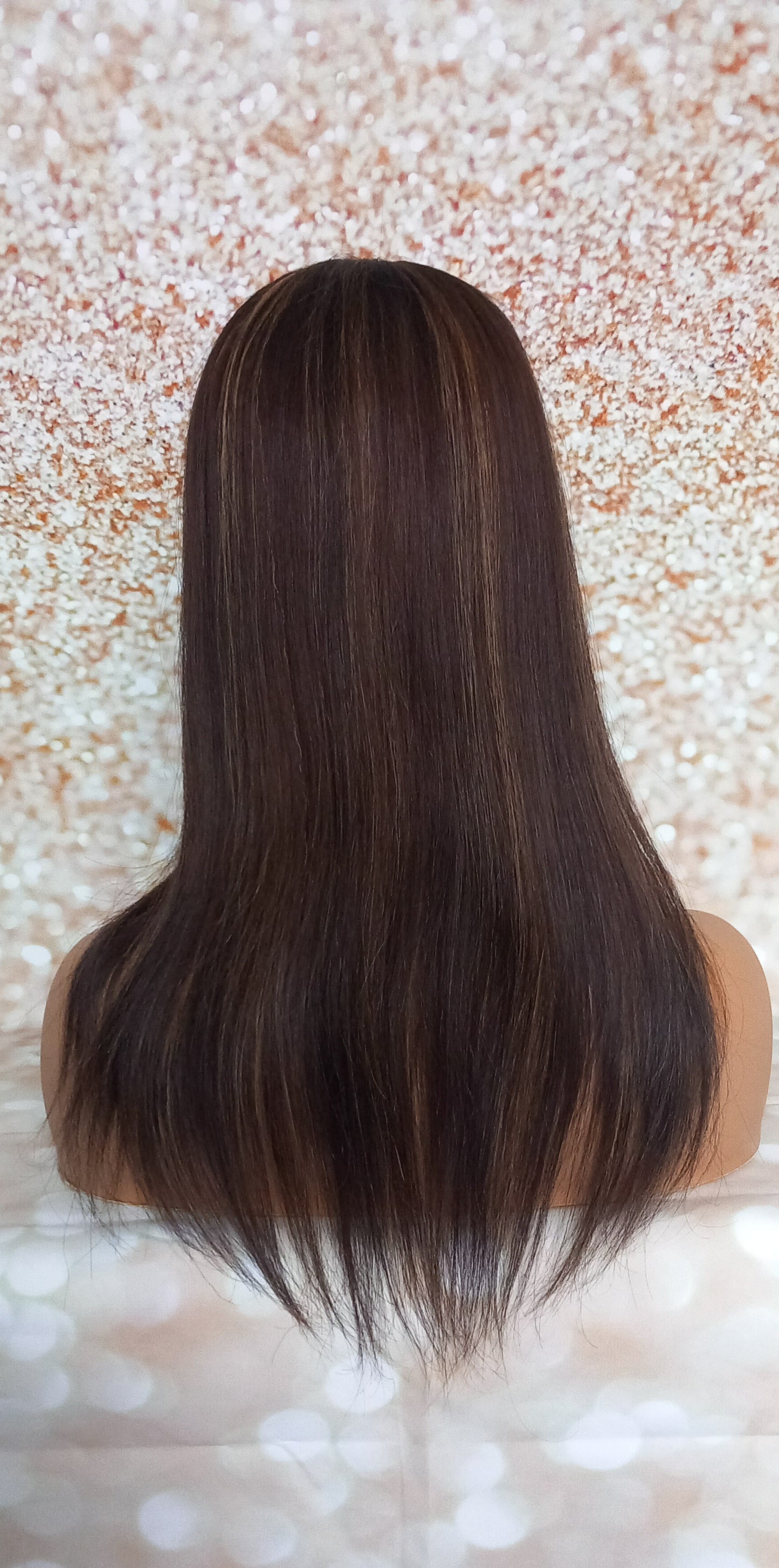 Maddie- Bitter chocolate caramel, hand tied silk and weft base human hair topper, 16 inch length