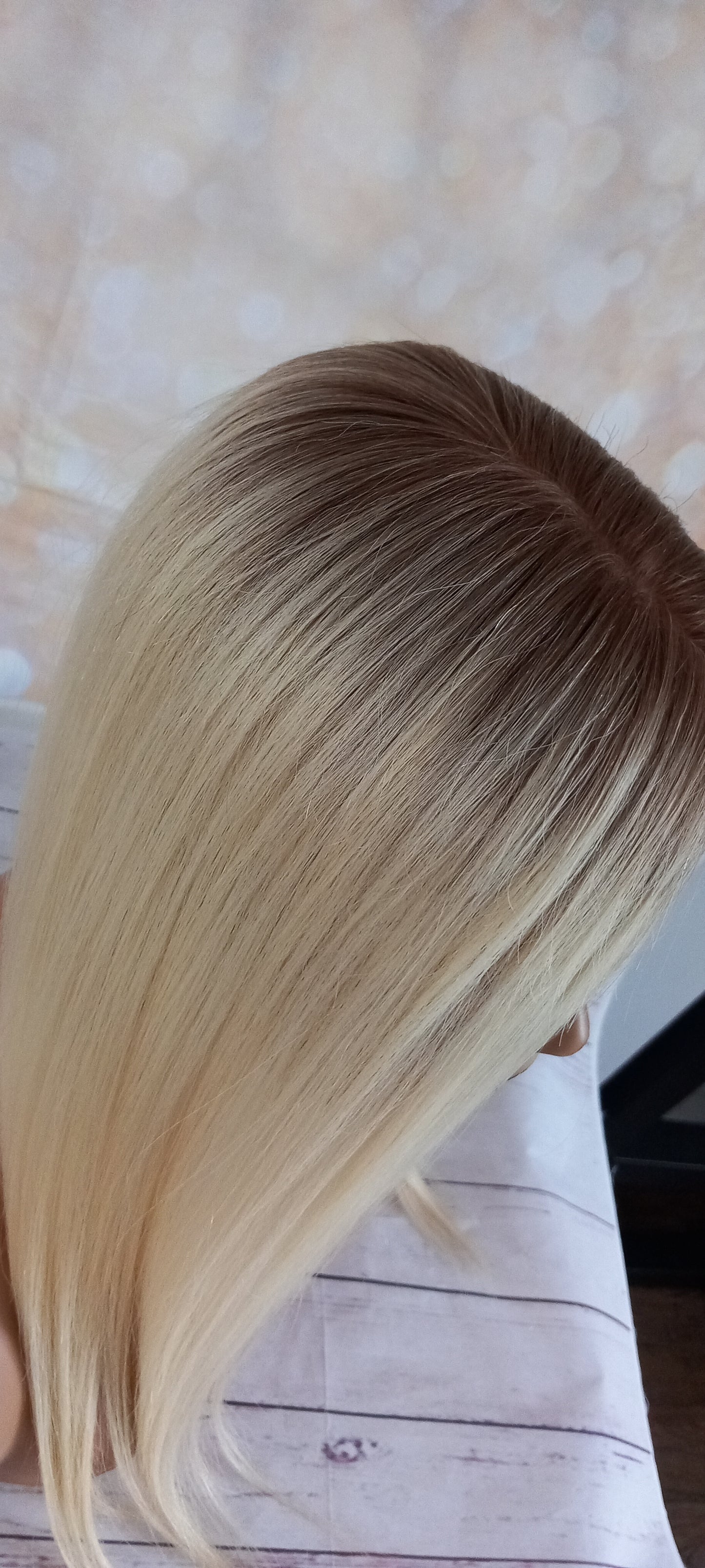 Genie- full silk base human hair topper, light blonde with light root, 20 inch length 3x5inch base