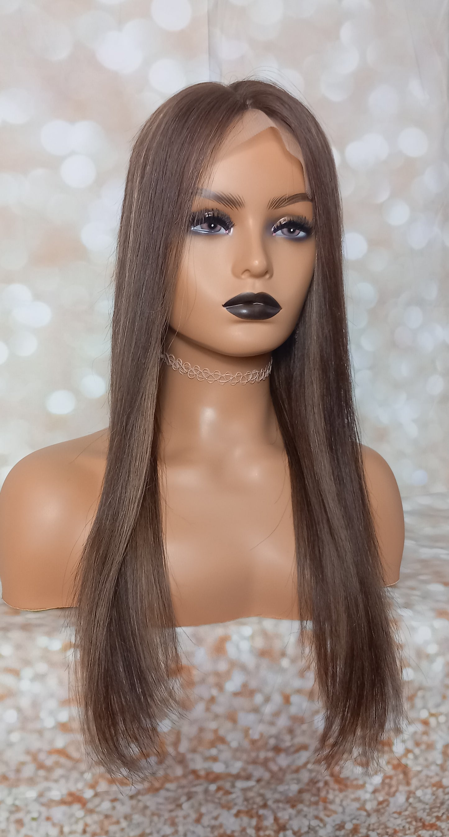 Khloe- Silk and weft base lace front Platinum human hair topper, dark chocolate and caramel 20 inches long