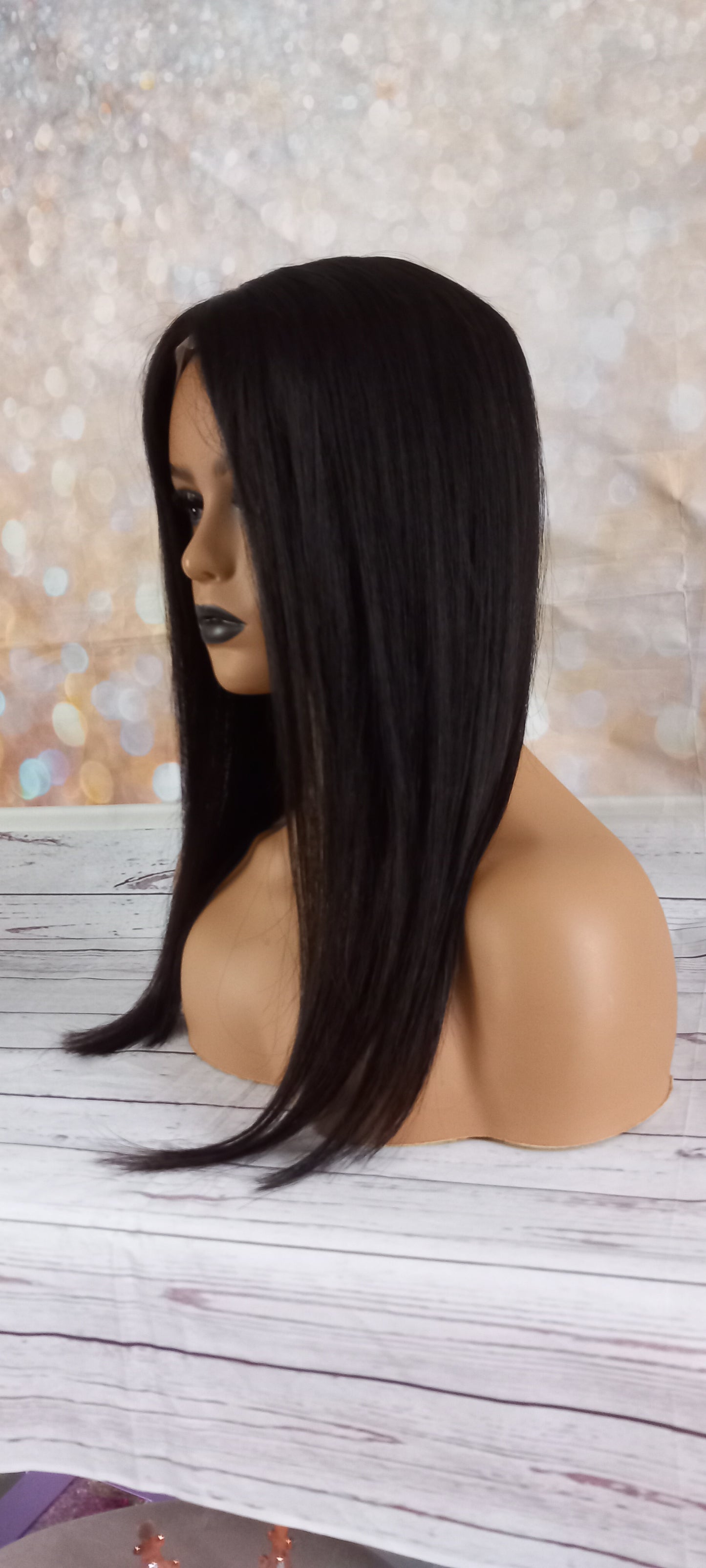 Kim- Silk and weft base lace front Platinum human hair topper, natural black, 18 inches long