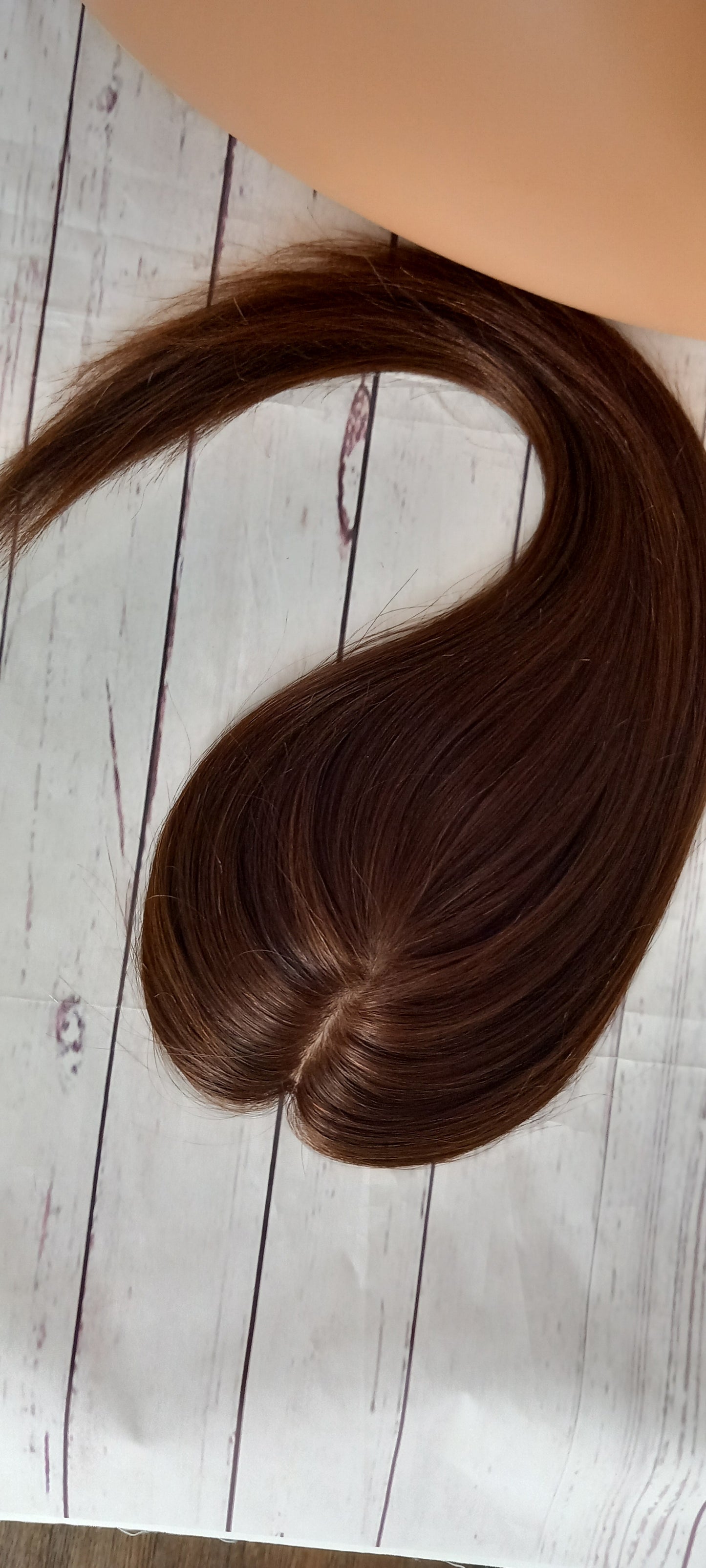 Genie- full silk base human hair topper, darkest warm brown, 16 inch length parting topper