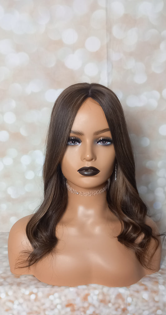 Maddie- Bitter chocolate caramel, hand tied silk and weft base human hair topper, 16 inch length