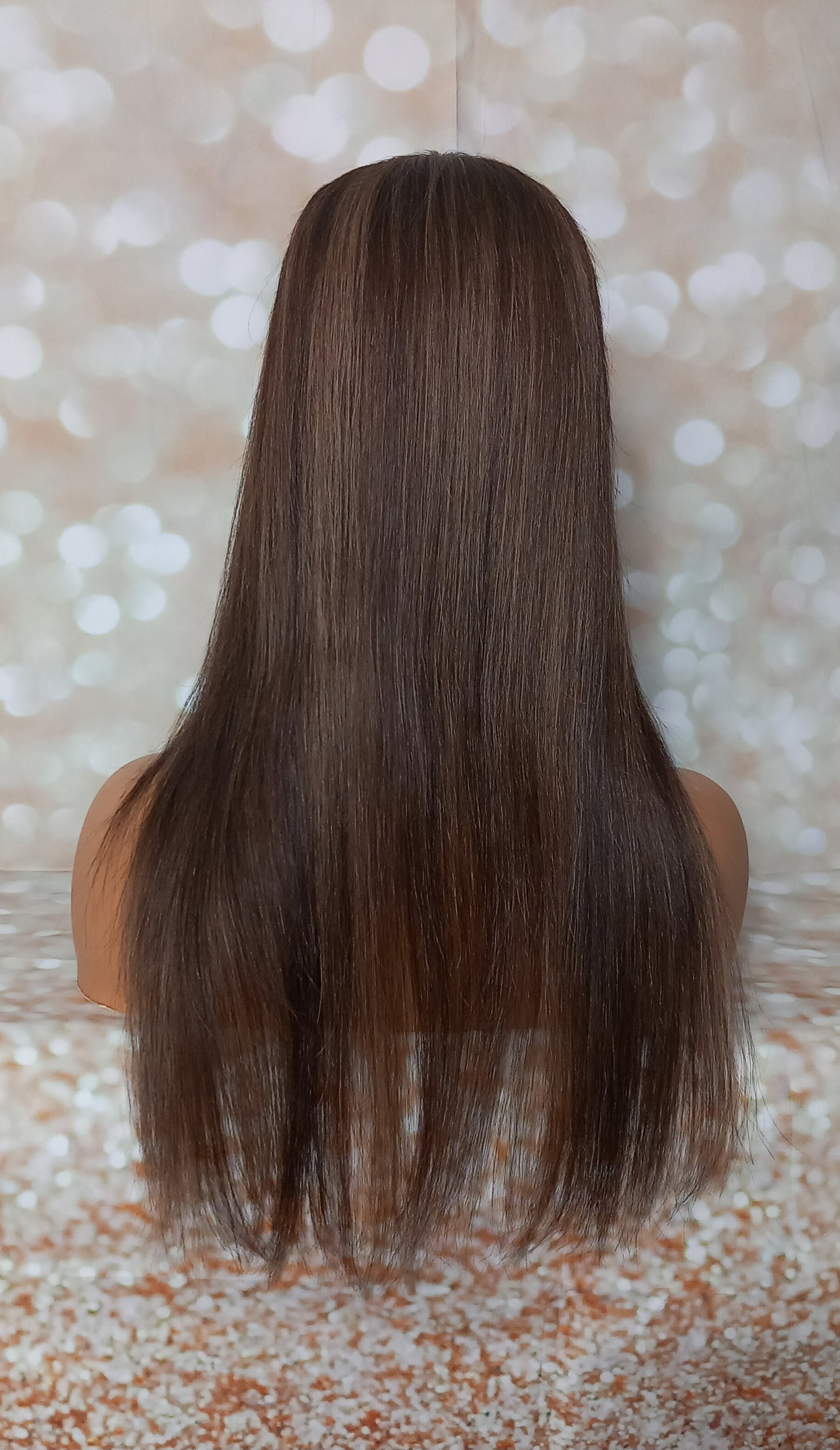 Khloe- Silk and weft base lace front Platinum human hair topper, dark chocolate and caramel 20 inches long