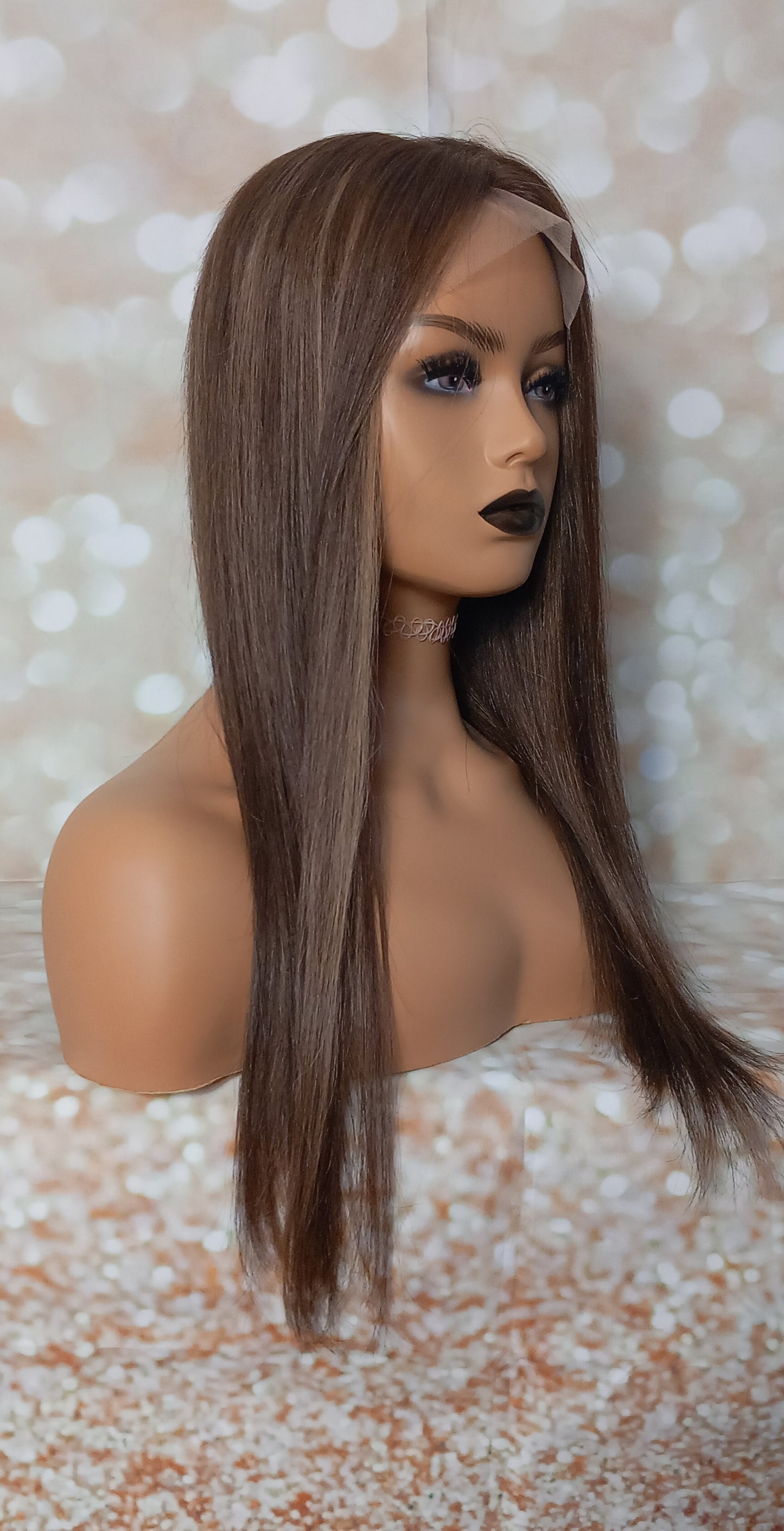 Khloe- Silk and weft base lace front Platinum human hair topper, dark chocolate and caramel 20 inches long