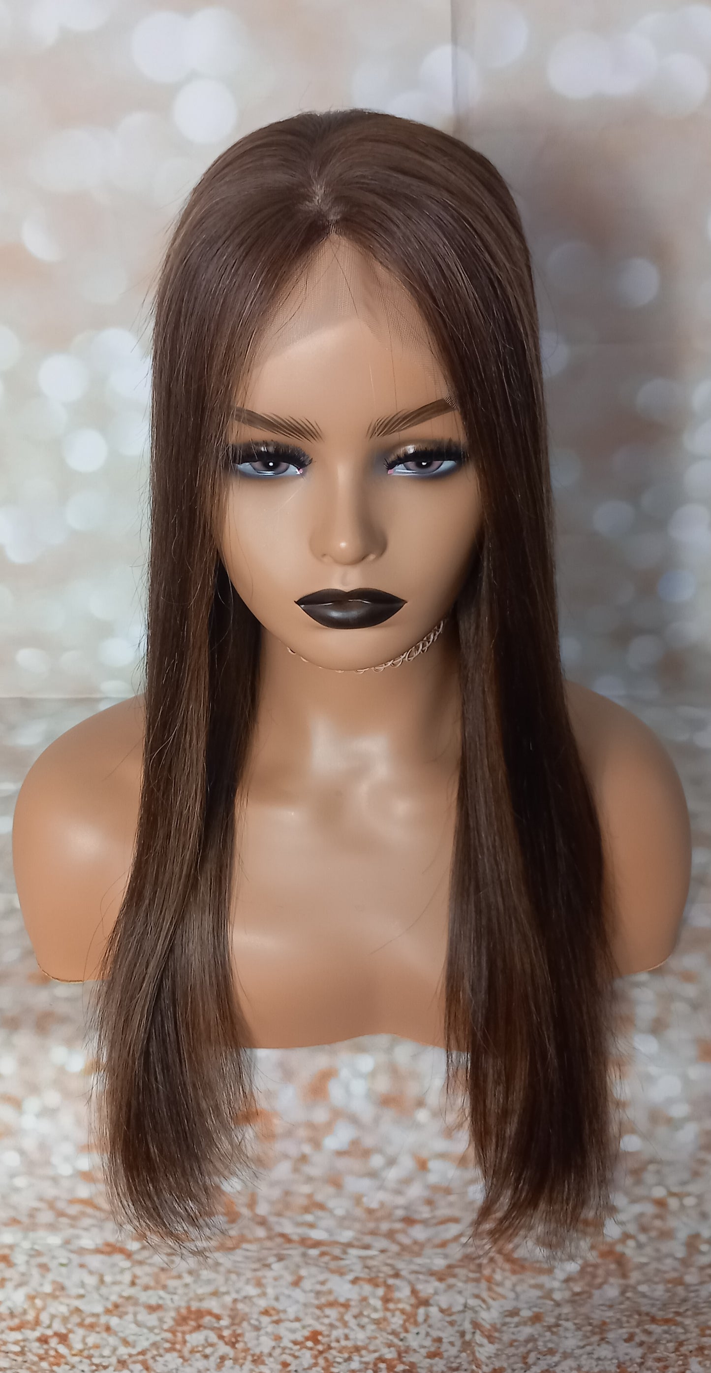 Khloe- Silk and weft base lace front Platinum human hair topper, dark chocolate and caramel 20 inches long