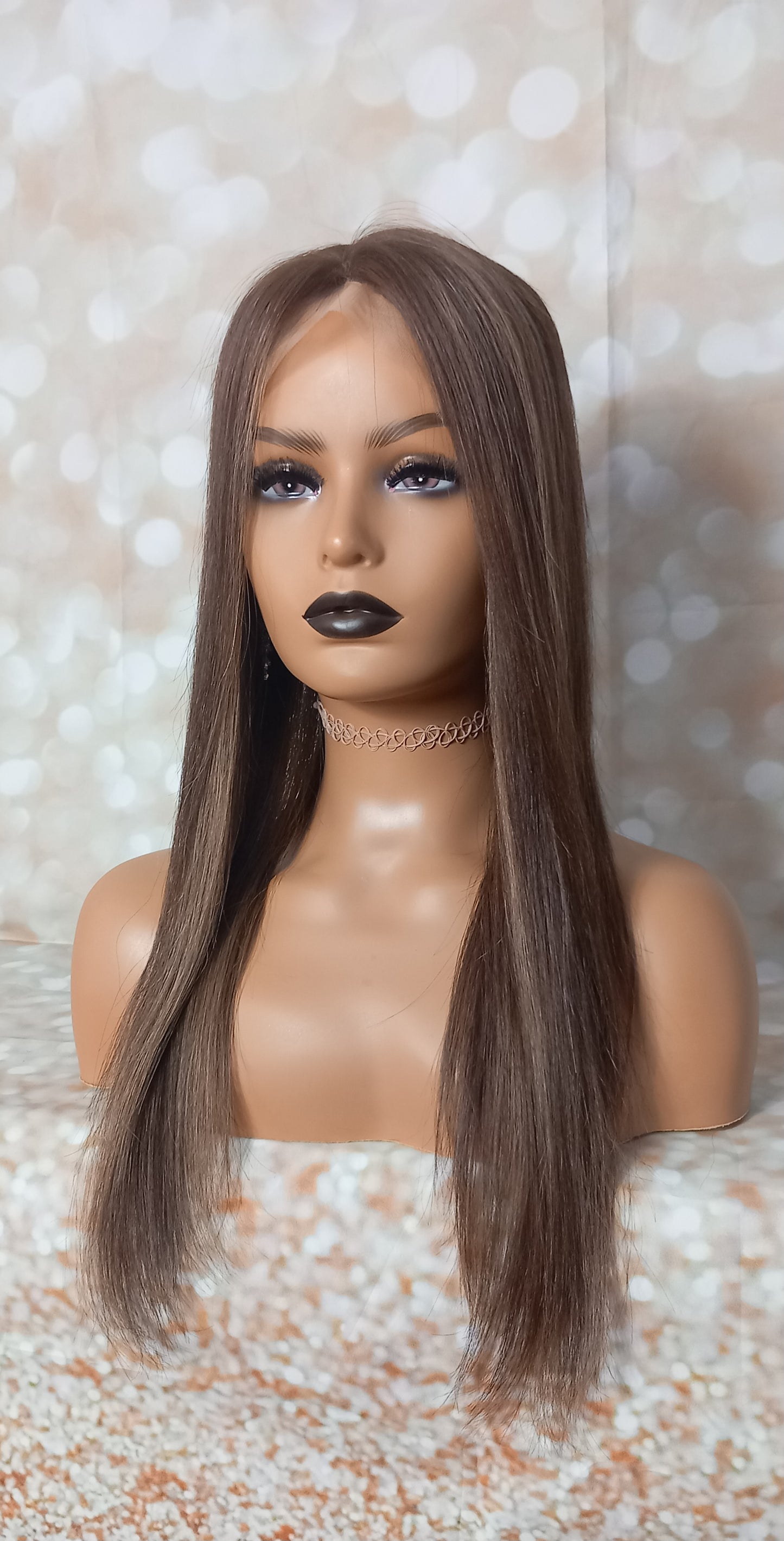 Khloe- Silk and weft base lace front Platinum human hair topper, dark chocolate and caramel 20 inches long