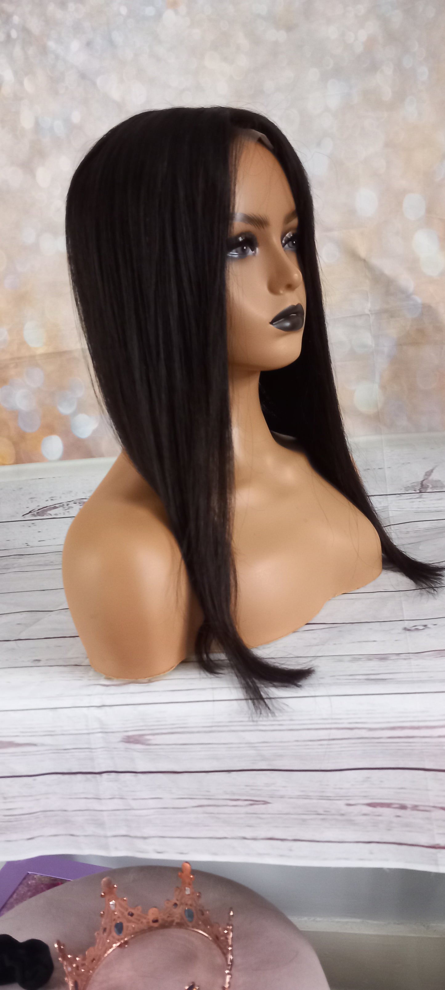 Kim- Silk and weft base lace front Platinum human hair topper, natural black, 18 inches long