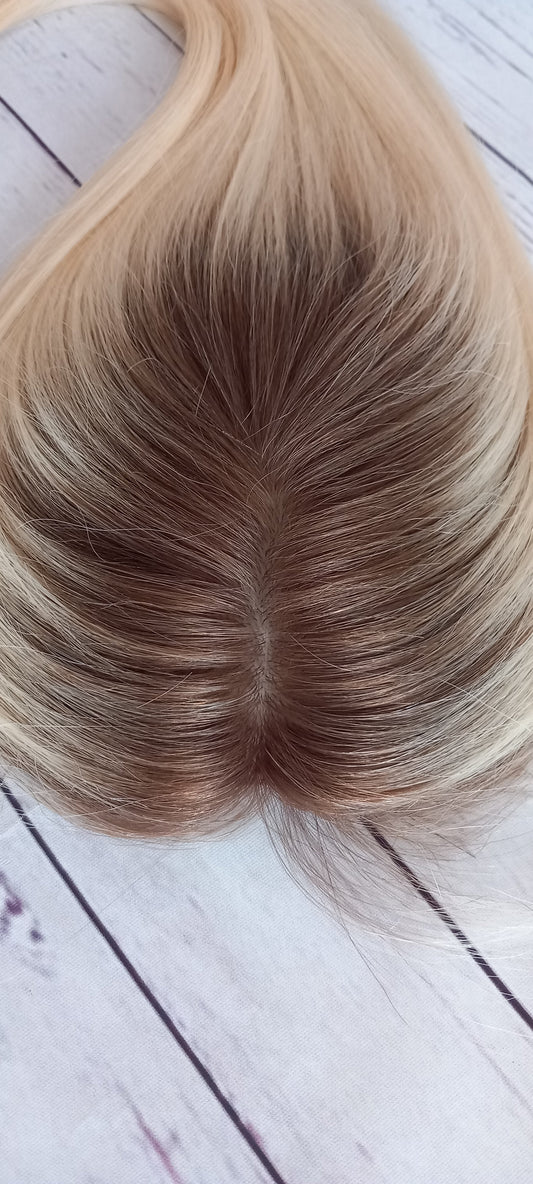 Genie- full silk base human hair topper, light blonde with light root, 20 inch length 3x5inch base