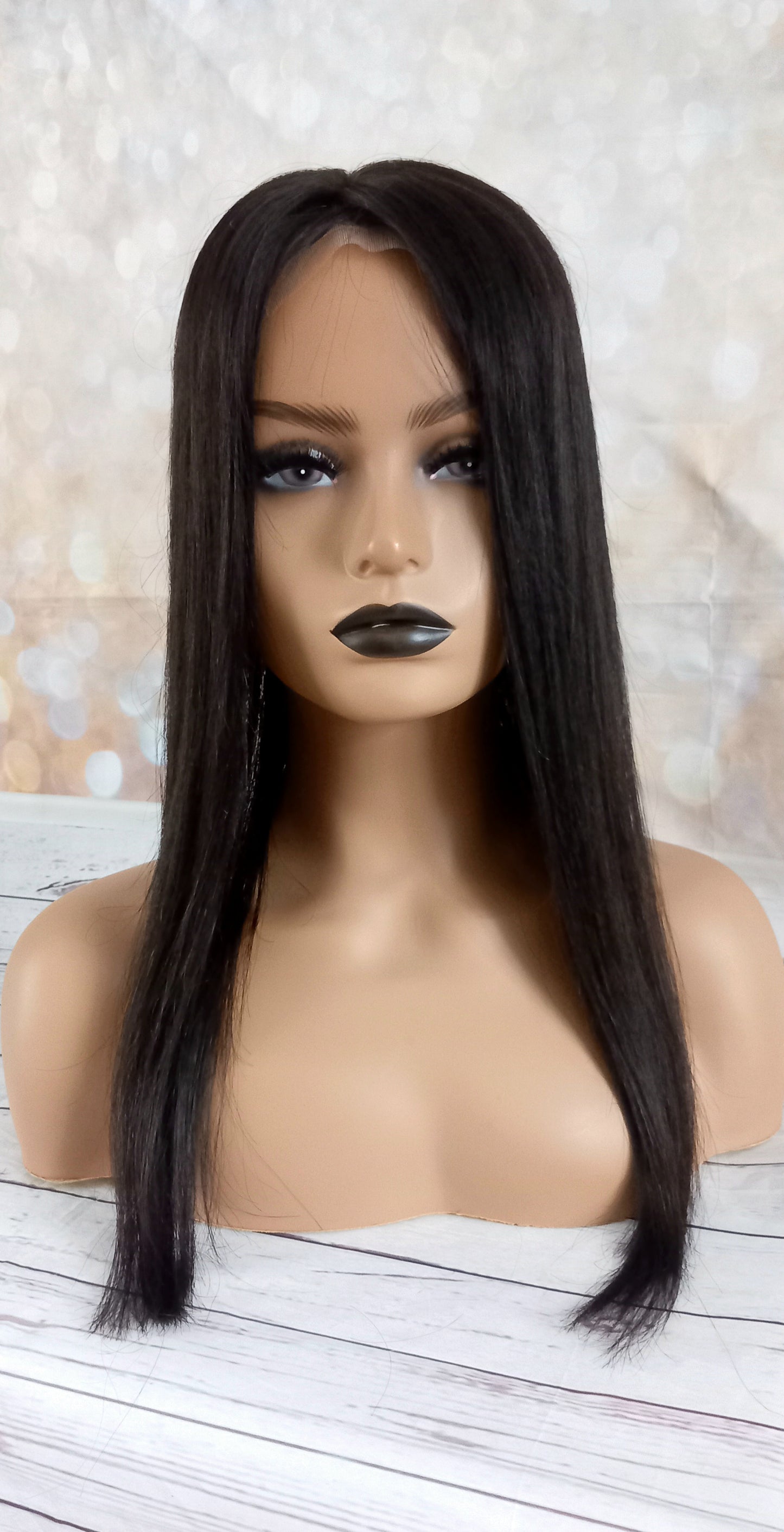 Kim- Silk and weft base lace front Platinum human hair topper, natural black, 18 inches long