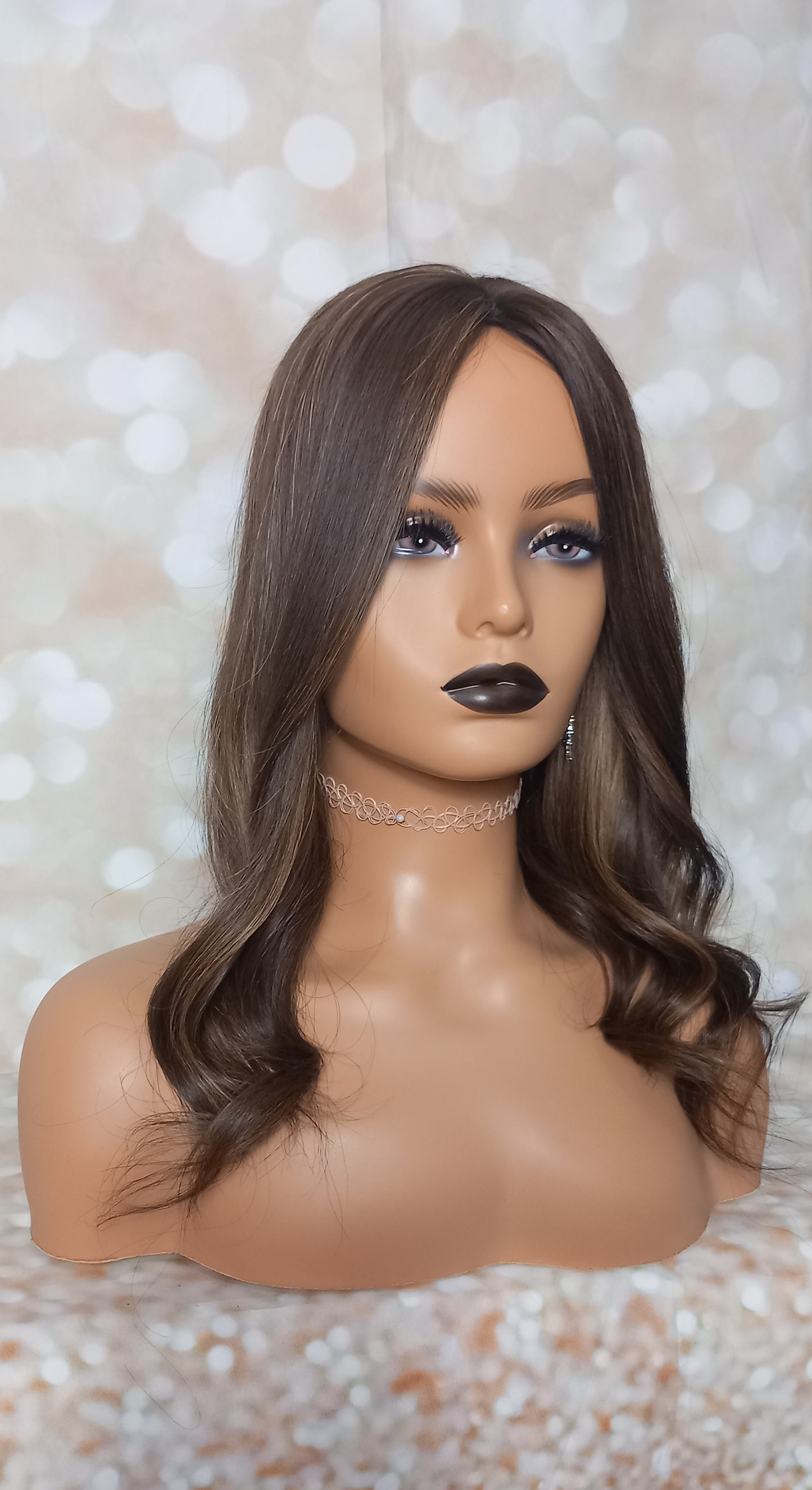 Maddie- Bitter chocolate caramel, hand tied silk and weft base human hair topper, 16 inch length