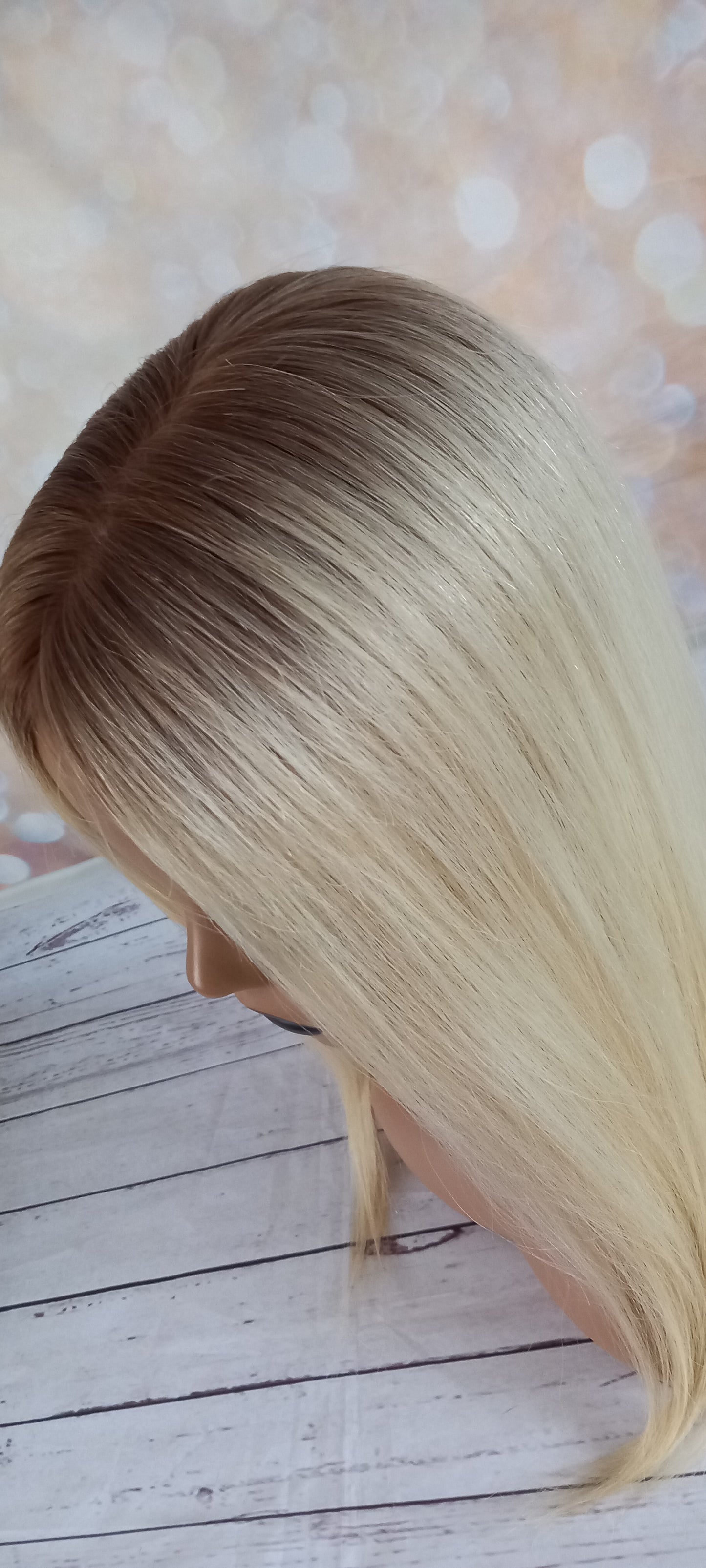 Genie- full silk base human hair topper, light blonde with light root, 20 inch length 3x5inch base