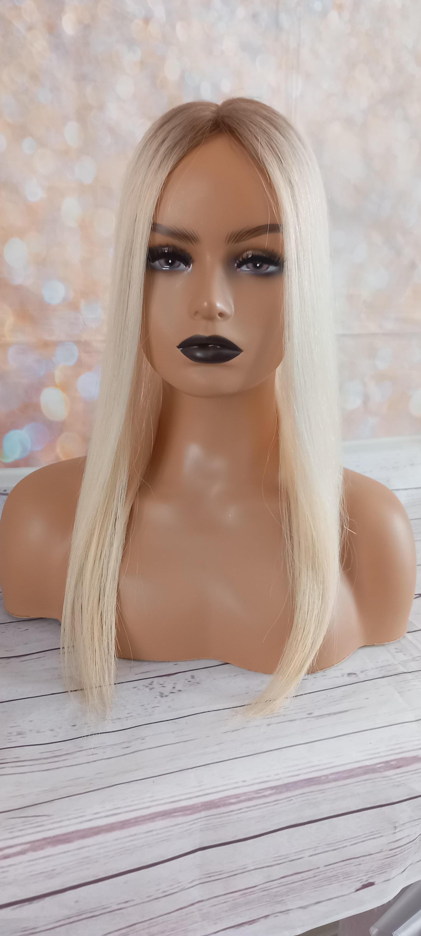 Genie- full silk base human hair topper, light blonde with light root, 20 inch length 3x5inch base