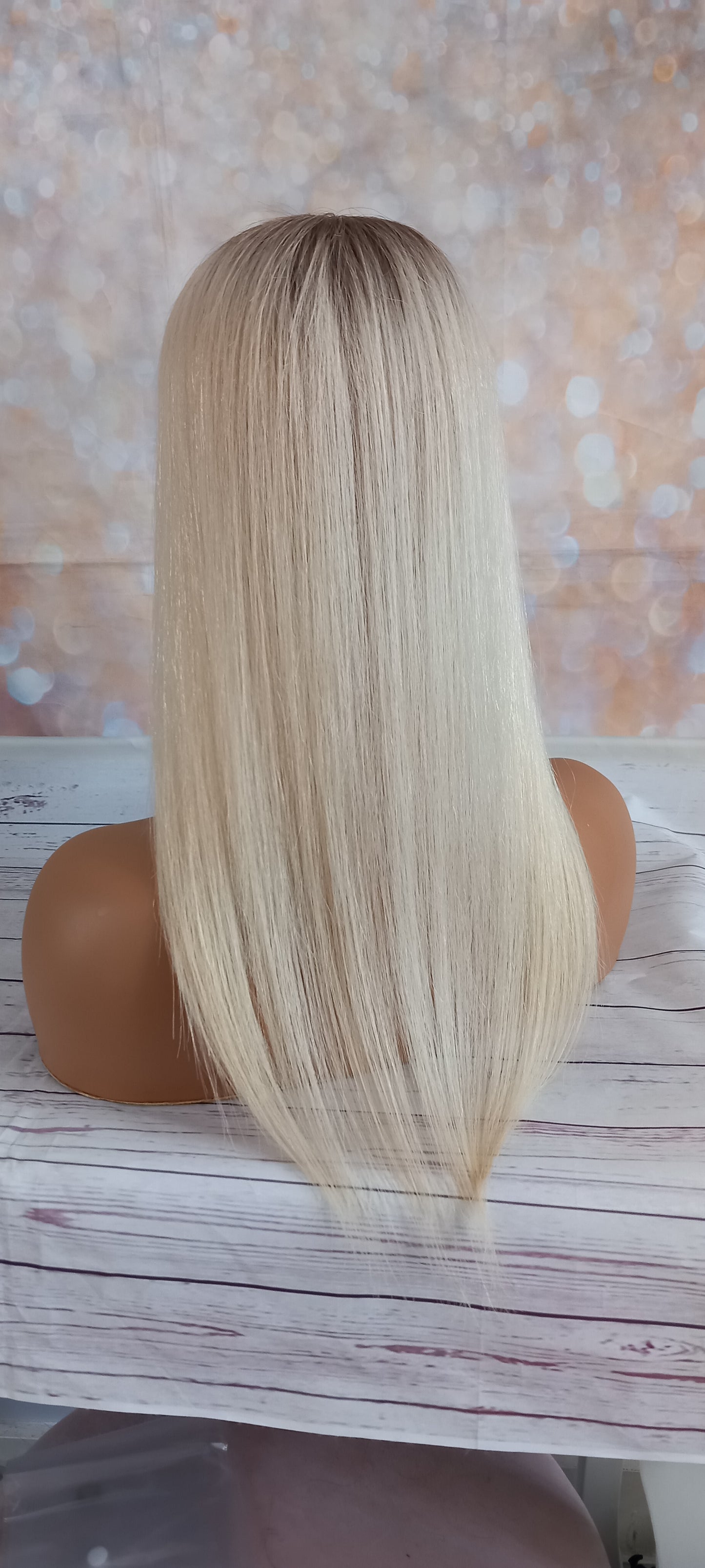 Genie- full silk base human hair topper, light blonde with light root, 20 inch length 3x5inch base