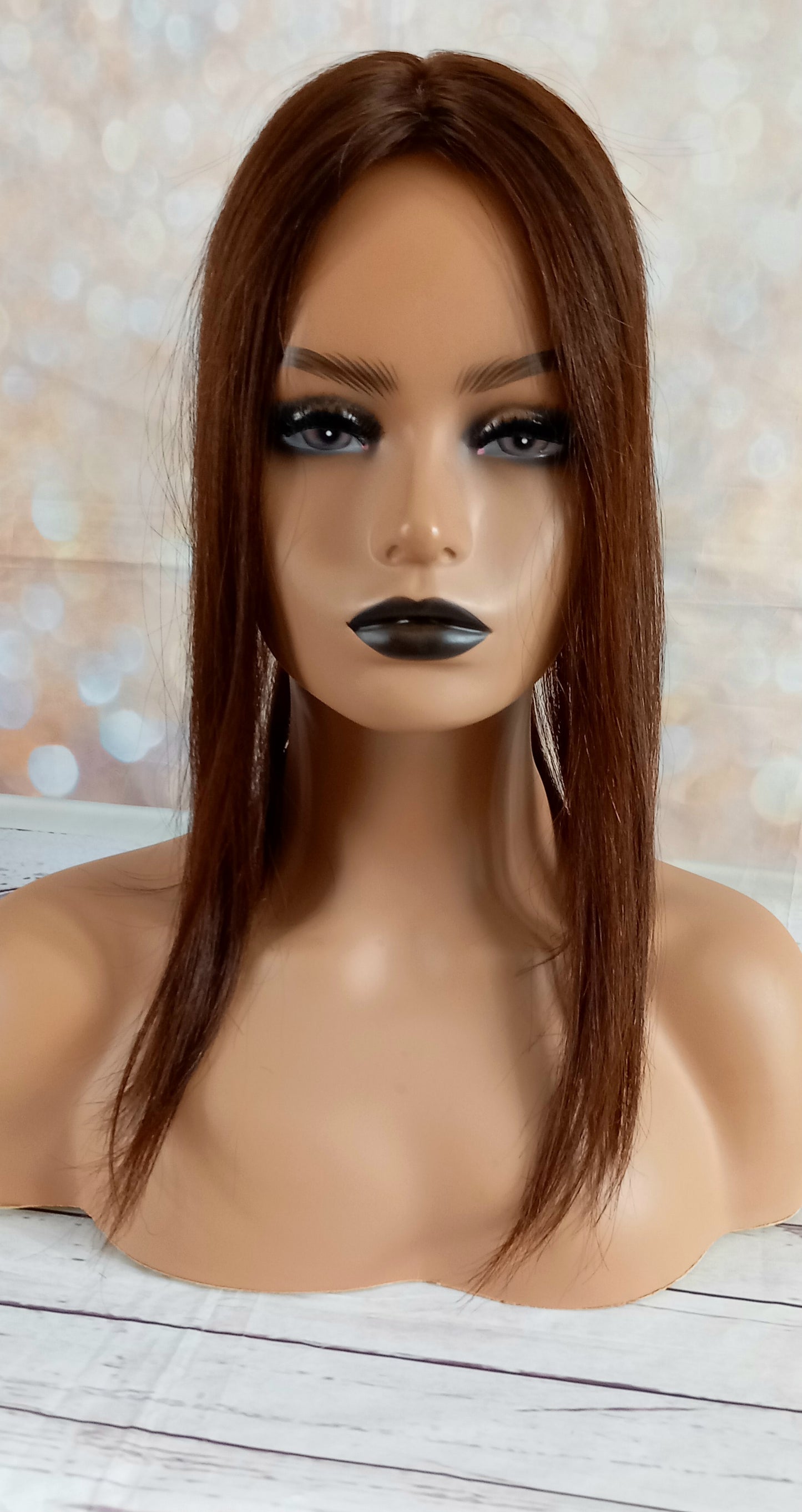 Genie- full silk base human hair topper, darkest warm brown, 16 inch length parting topper